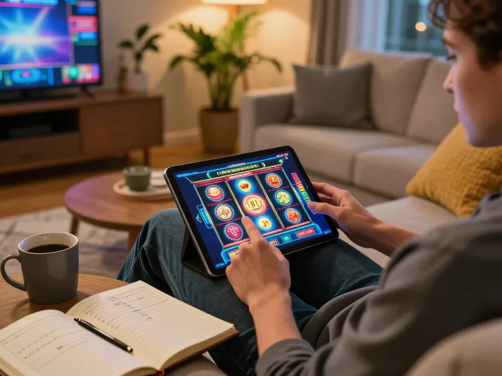 Engaging in online gaming at home with 388bet, showcasing interactive slot machine interface.