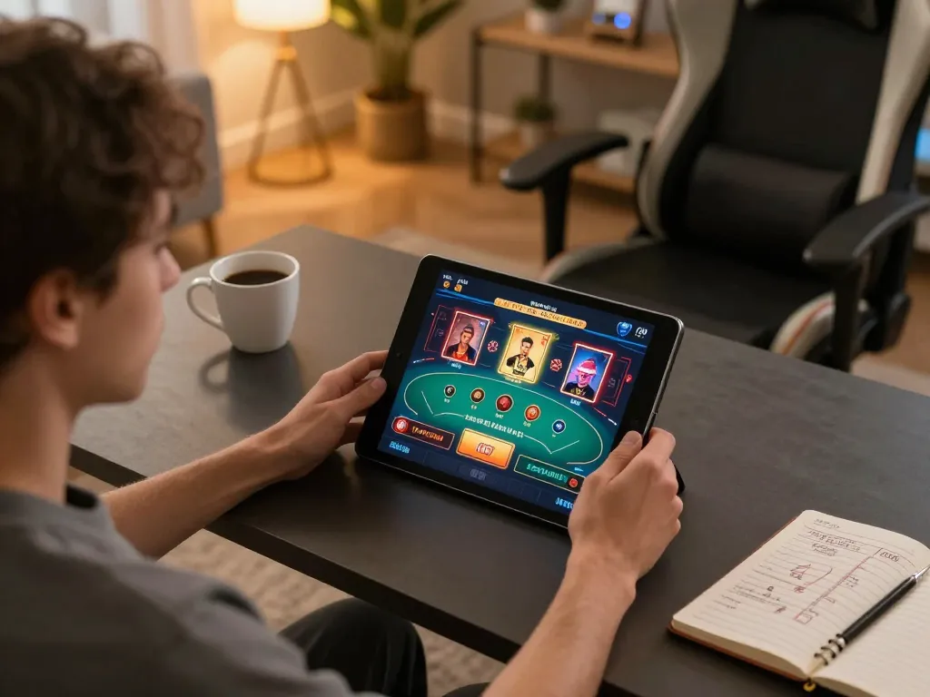 Play online casino and tải hitclub using a tablet with poker game interface in a cozy home setting
