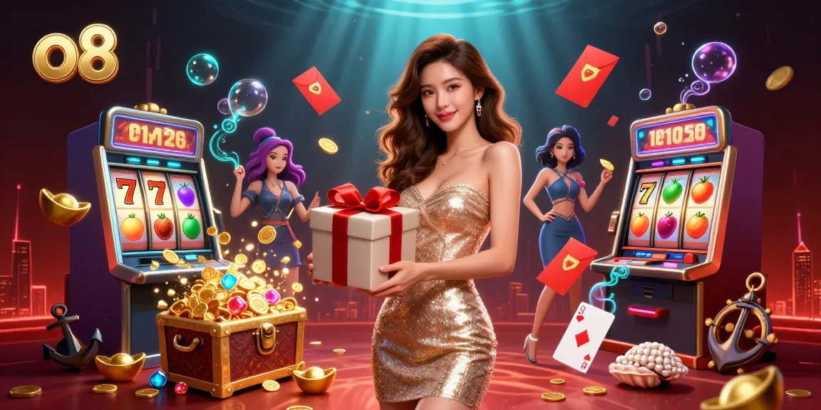 Engage in thrilling gameplay with o8, where a champagne-clad woman showcases her jackpot winning gift.