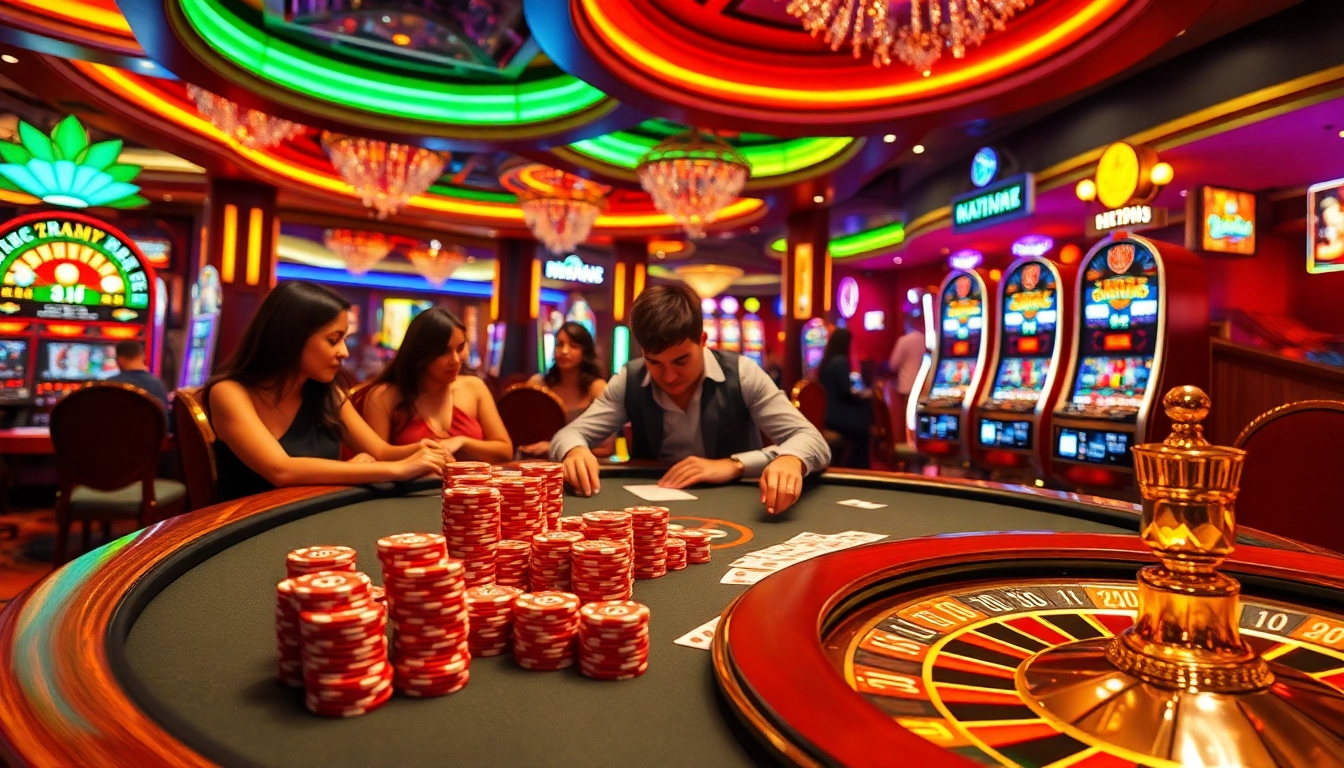 Experience intense gaming action at RR88 casino with vibrant poker tables and thrilling slot machines.