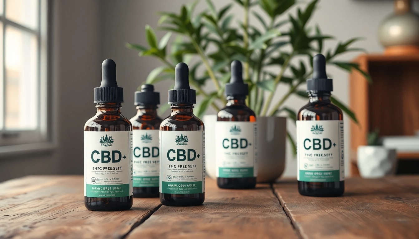 Showcasing THC-free CBD oil bottles with lush green indoor plants reflects wellness.