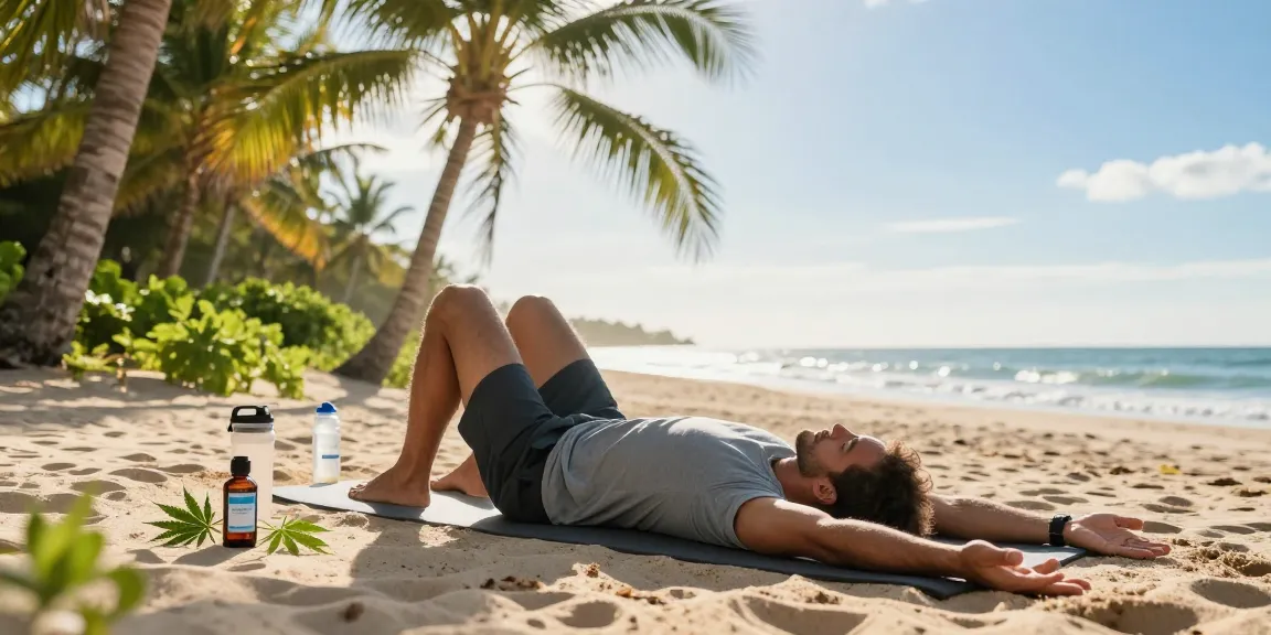 The official Ministry of Cannabis CBD oil bottle beside a man practicing yoga on the beach, emphasizing natural wellness and recovery.