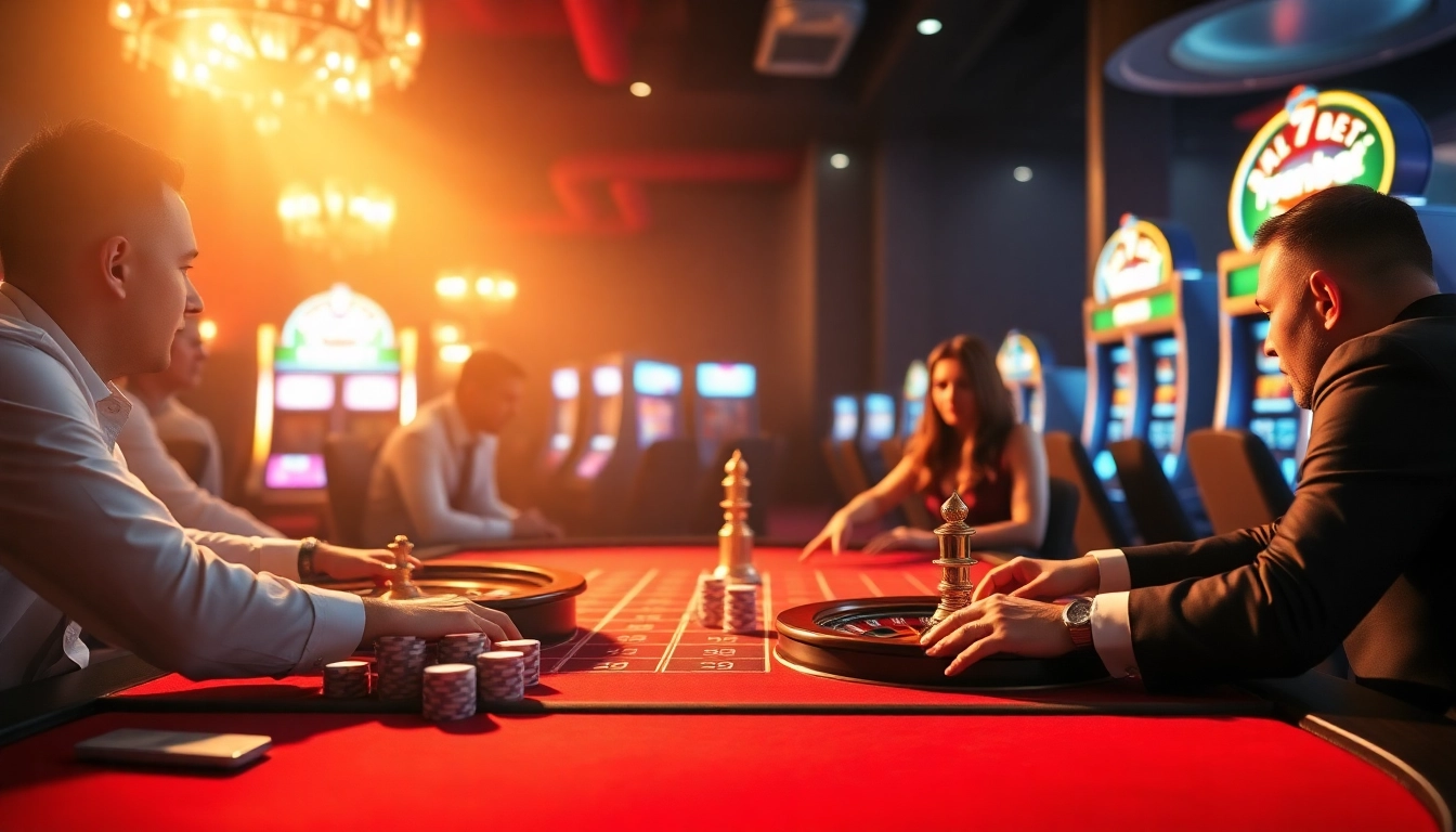 Engaged gamblers placing bets at a luxurious casino table showcasing 7upbet branding.