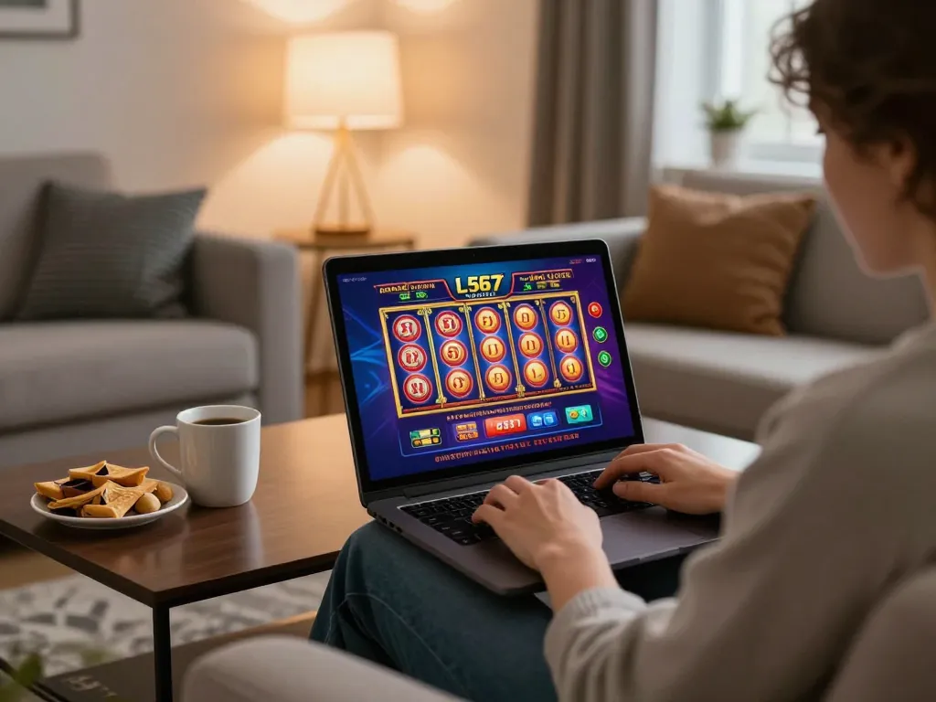 L567 online casino gaming at home with vibrant slot interface and a cozy setup