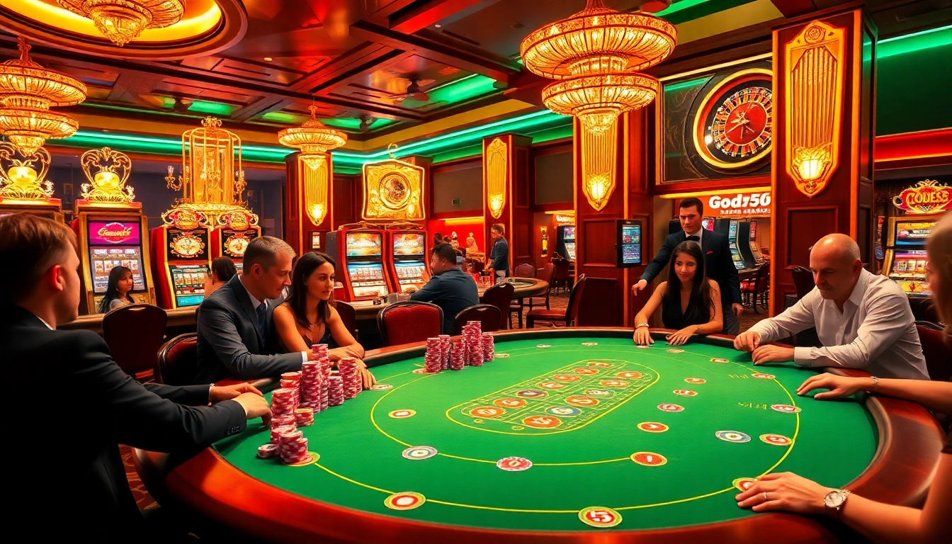 God55 casino scene featuring vibrant poker gameplay and lively slot machines.