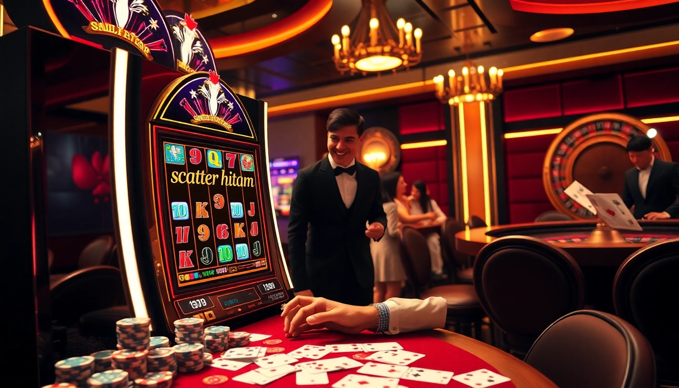 Player celebrating a win on scatter hitam slot machine with poker chips and cards around.