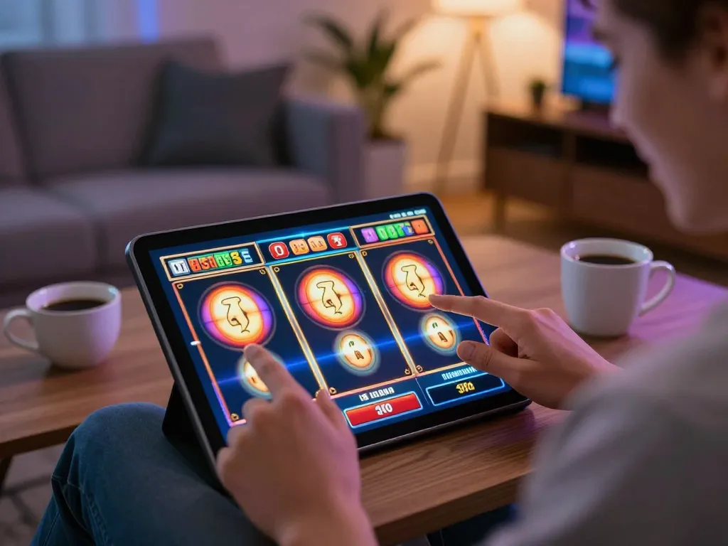 Exciting moment playing slot 10 ribu on a tablet, colorful reels spinning in a cozy home setting.