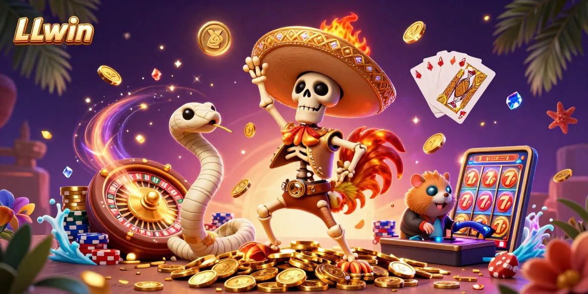 LLwin showcases a victory dance with a mariachi rooster and gold coins at a vibrant casino scene.