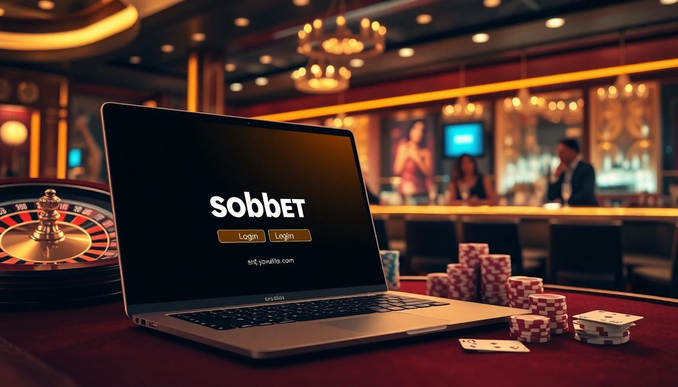 Engaging sbobet login interface displayed on a luxurious casino background with roulette and chips.