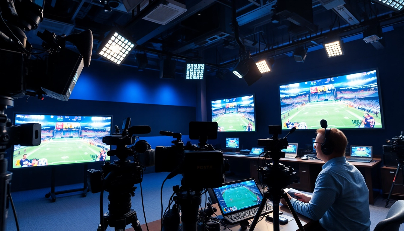 Engaging sports broadcasting studio featuring advanced equipment and live action displays.