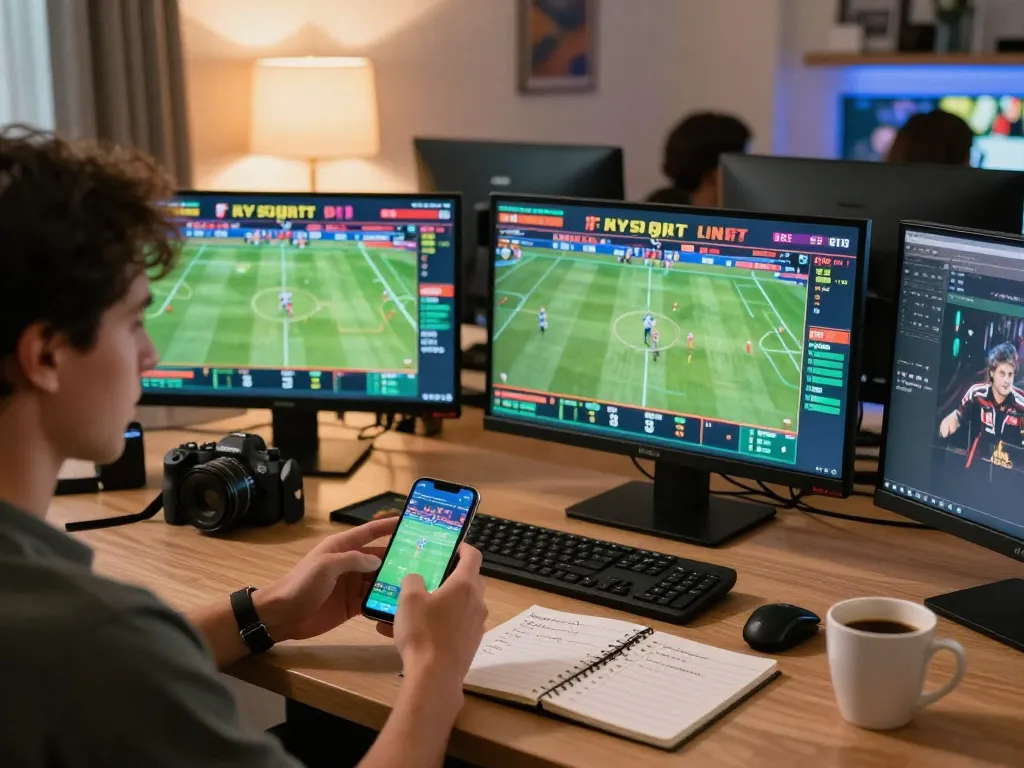Engaging in sports betting via smartphone, showcasing keonhacai strategies in a lively, modern home.