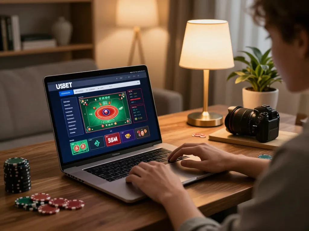 Engaging in online betting at USBET with a laptop showcasing casino games in a modern living room.