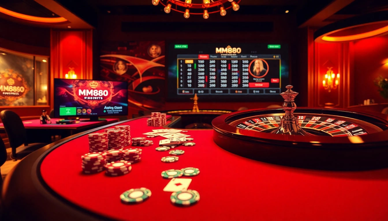 Experience the excitement of gaming with mm888.media's vibrant online casino atmosphere featuring poker and roulette.