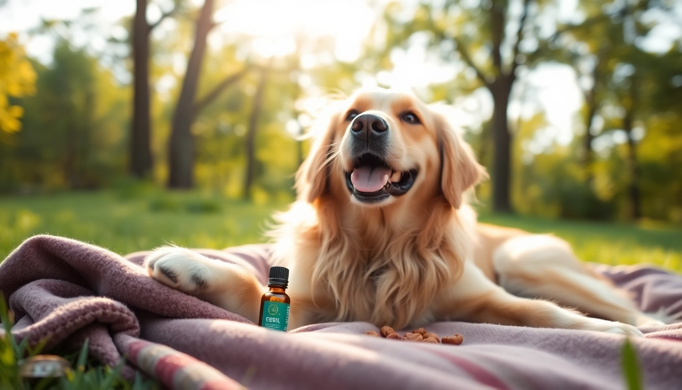 Rejuvenated dog relaxing with CBD For Pet oil and treats in a sunny outdoor setting.