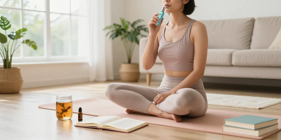 Muha Meds disposable used for wellness recovery in serene living room with CBD-infused products and natural ambiance.