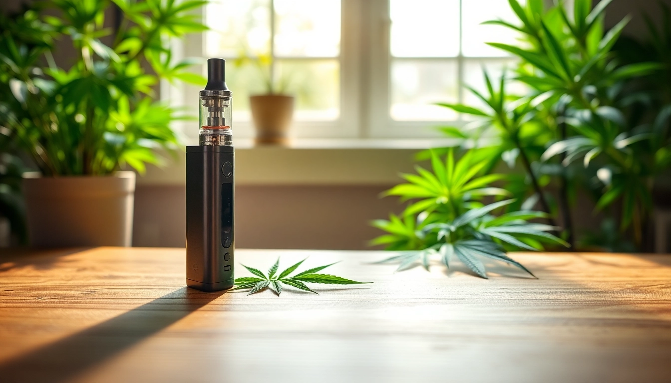 Showcasing a canabis vape device surrounded by greenery, emphasizing wellness.