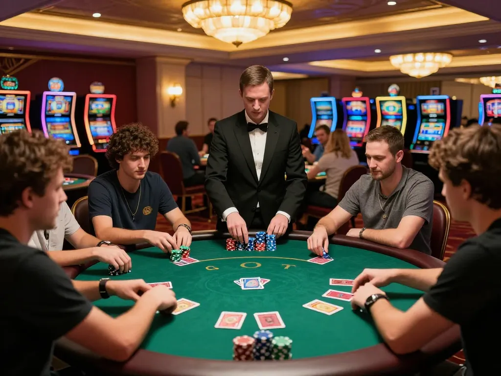 Engaging poker game scene showcasing keonhacai strategy with players focused on their cards at a bustling casino table.