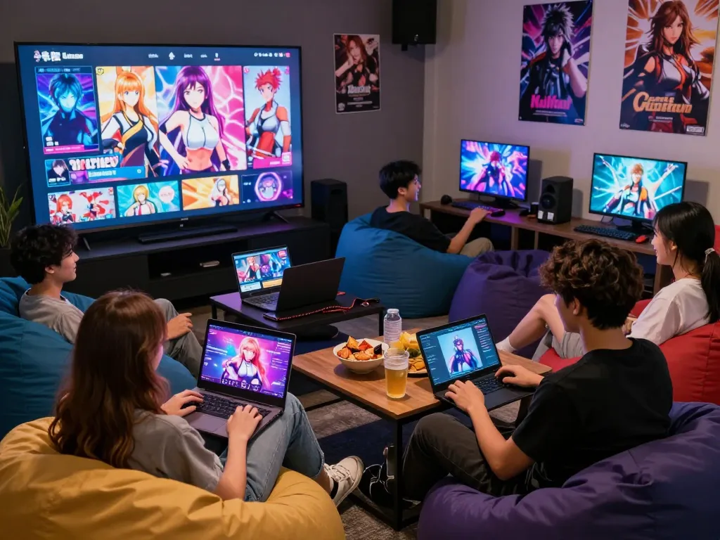 Engaging scene of friends playing sex games online in a vibrant lounge, highlighting popular adult visual novels and interactive gameplay.