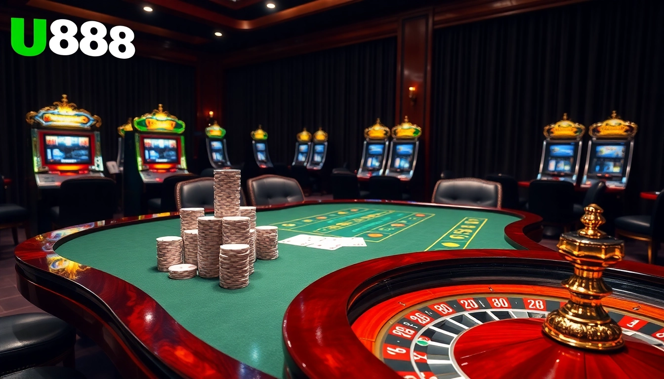 Engaging casino scene showcasing Nhà cái U888 with poker chips, cards, and roulette wheel.