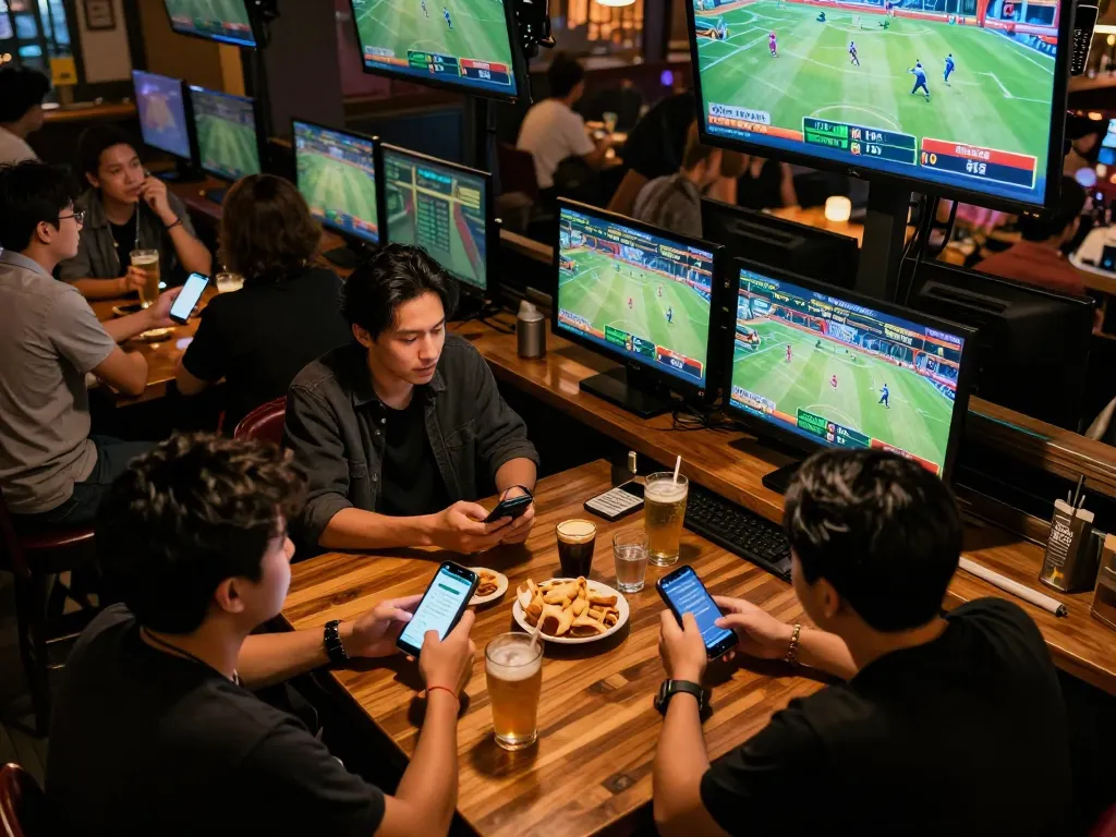 Engaged sports fans using smartphones to place keo nha cai bets while watching live games in a vibrant sports bar atmosphere.