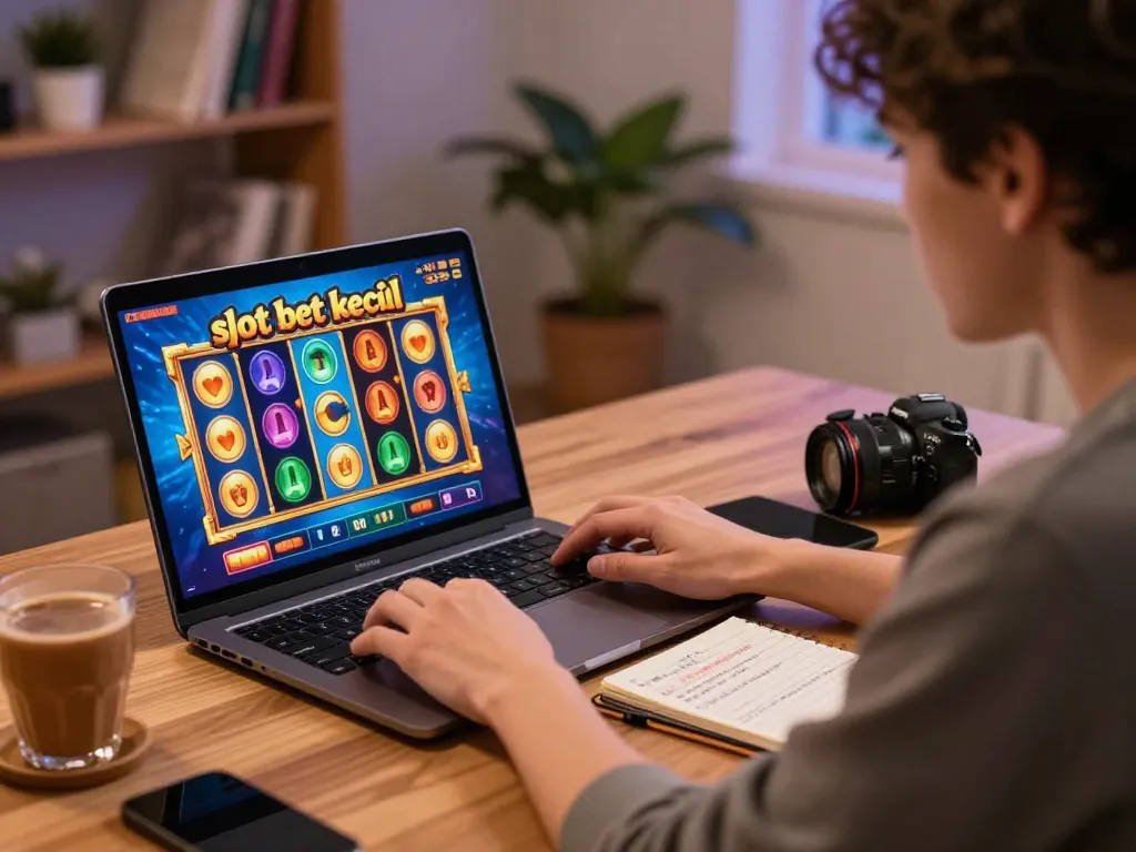 Engaging in slot bet kecil gameplay on a laptop, showcasing responsible gambling strategies in a cozy home setting.