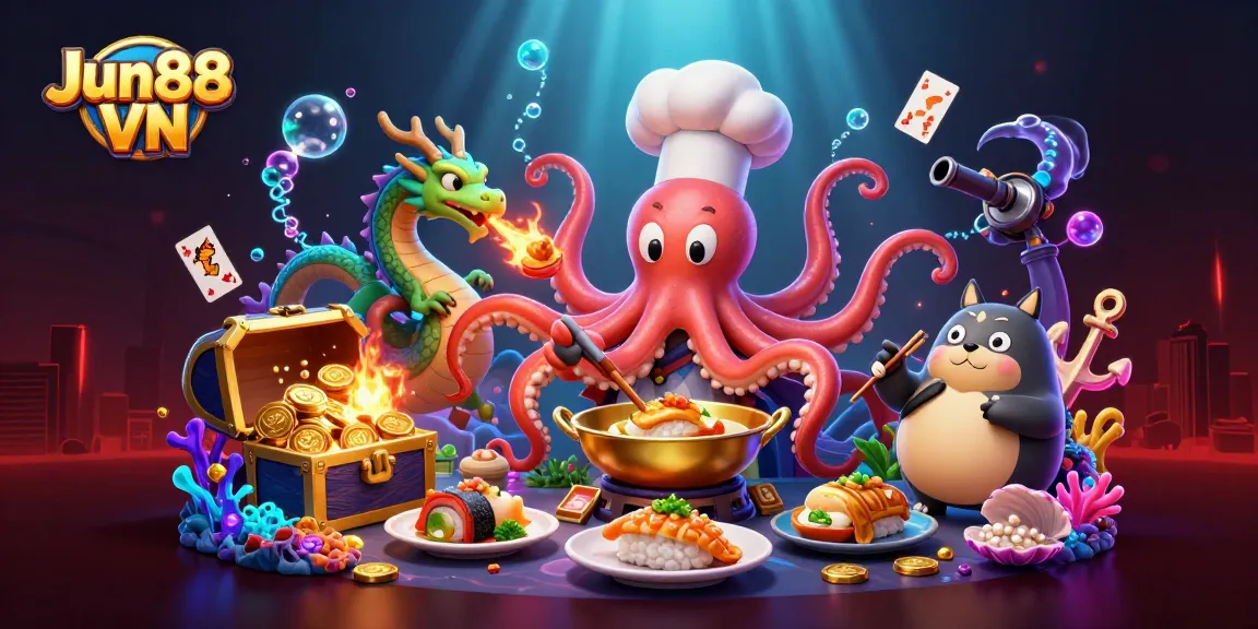 Engage in thrilling games at Jun88 VN with vibrant casino characters and magical treasures.