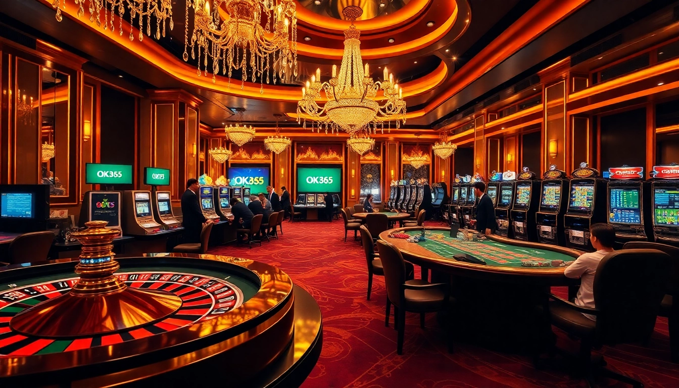 Exciting gambling scene at OK365 showcasing roulette and poker with players engaged.
