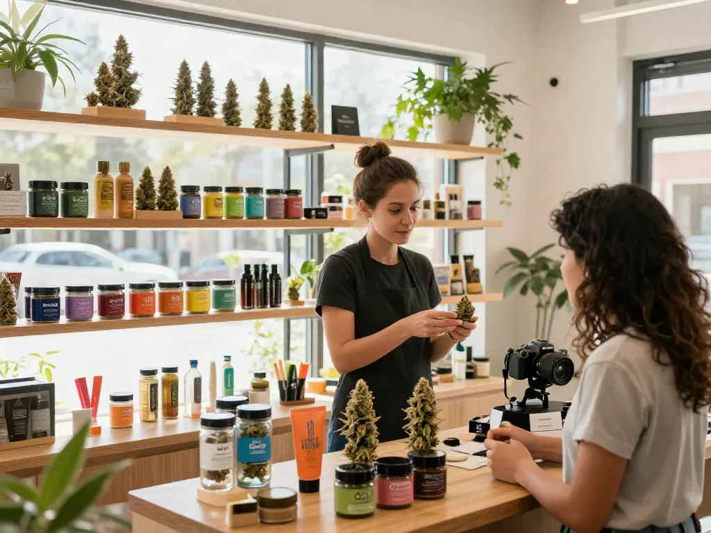 Quadzaza cannabis strains displayed in a lively dispensary.