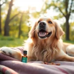 Rejuvenated dog relaxing with CBD For Pet oil and treats in a sunny outdoor setting.