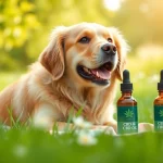 Playful golden retriever examining a bottle of CBD Oil For Dog in a serene green field.