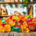 Indulge in colorful Weed Gummies displayed artfully on a rustic table