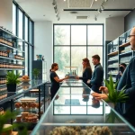 Shop at a vibrant weed store showcasing diverse cannabis products and friendly service.