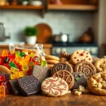 Tantalizing uk edibles like gummies and chocolates arranged invitingly on a rustic table.