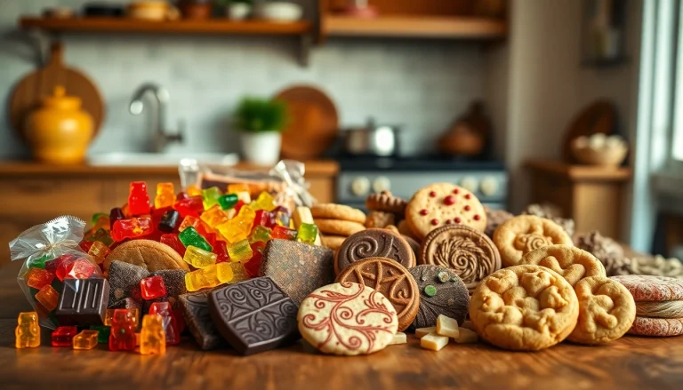 Tantalizing uk edibles like gummies and chocolates arranged invitingly on a rustic table.