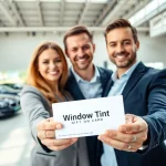Excited couple holding a window tint gift card in a modern car showroom.