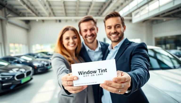 Excited couple holding a window tint gift card in a modern car showroom.