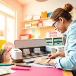 Cricut for beginners: A hobbyist using the Cricut machine in a vibrant crafting workspace, showcasing colorful materials, tools, and project examples.