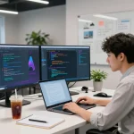 Engaging workspace showcasing personalized AI chat with spicychat on a laptop surrounded by tech tools and vibrant office ambiance.