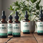 Showcasing THC-free CBD oil bottles with lush green indoor plants reflects wellness.