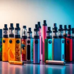 Showcase of vibrant disposable vapes in artistic arrangement on a sleek table.