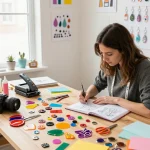 Custom keychain creation in a bright studio, showcasing vibrant acrylic designs and crafting tools.