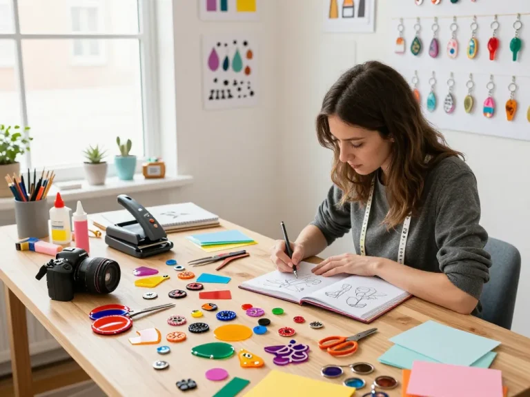 Custom keychain creation in a bright studio, showcasing vibrant acrylic designs and crafting tools.