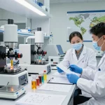 High-tech laboratory with scientists extracting cannabinoids, representing a leading EU cannabinoid manufacturer.