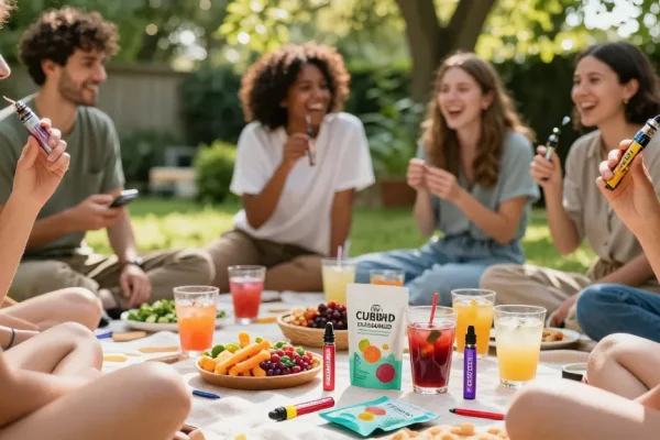 Properloud THC vape pens and CBD edibles showcased in a lively outdoor gathering, emphasizing natural wellness and organic quality.
