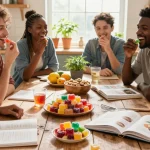 Friends enjoying colorful edibles UK in a bright kitchen setting.