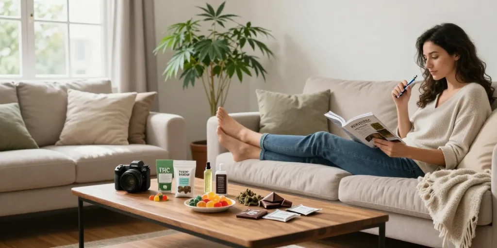 Properloud THC vape pen and edibles in a serene living room setting promoting natural wellness.