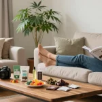 Properloud THC vape pen and edibles in a serene living room setting promoting natural wellness.
