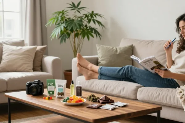 Properloud THC vape pen and edibles in a serene living room setting promoting natural wellness.