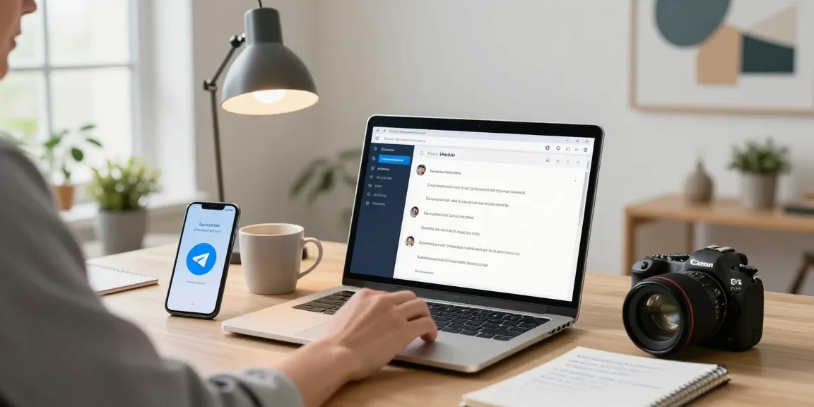 Professional workspace featuring a user engaging with Telegram Web Version on a laptop, surrounded by productivity elements.