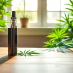 Showcasing a canabis vape device surrounded by greenery, emphasizing wellness.